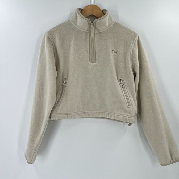Aritzia TNA Sno Polar 1/2 Zip Sweater Crop Fleece Pullover Tan Mock Neck S - Picture 1 of 14
